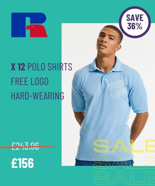 Mega deal x12 Russell hard wearing polo shirt with free embroidered logo