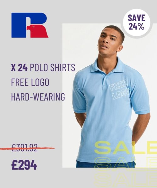 Mega deal x24 Russell hard wearing polo shirt with free embroidered logo