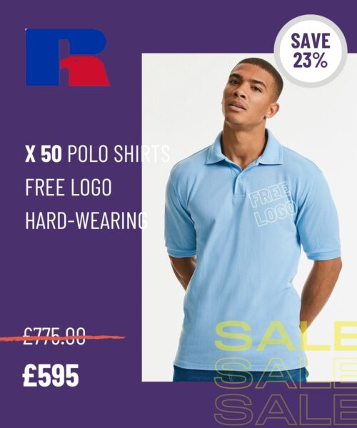 Mega deal x50 Russell hard wearing polo shirt with free embroidered logo